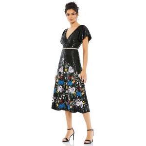 Mac Duggal Black Sequin Midi Dress with Floral Accents
